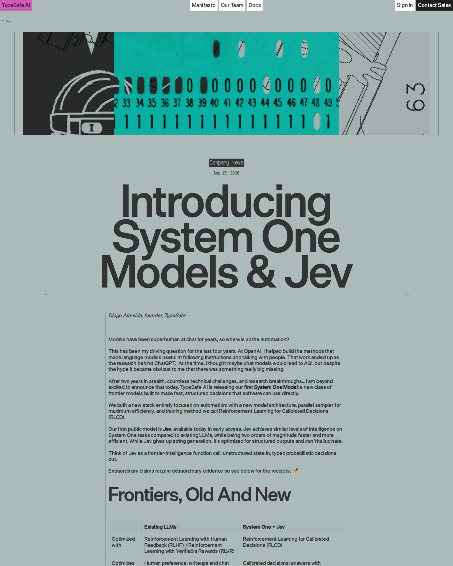 Page officielle de TypeSafe AI présentant le modèle Jev et les System One Models