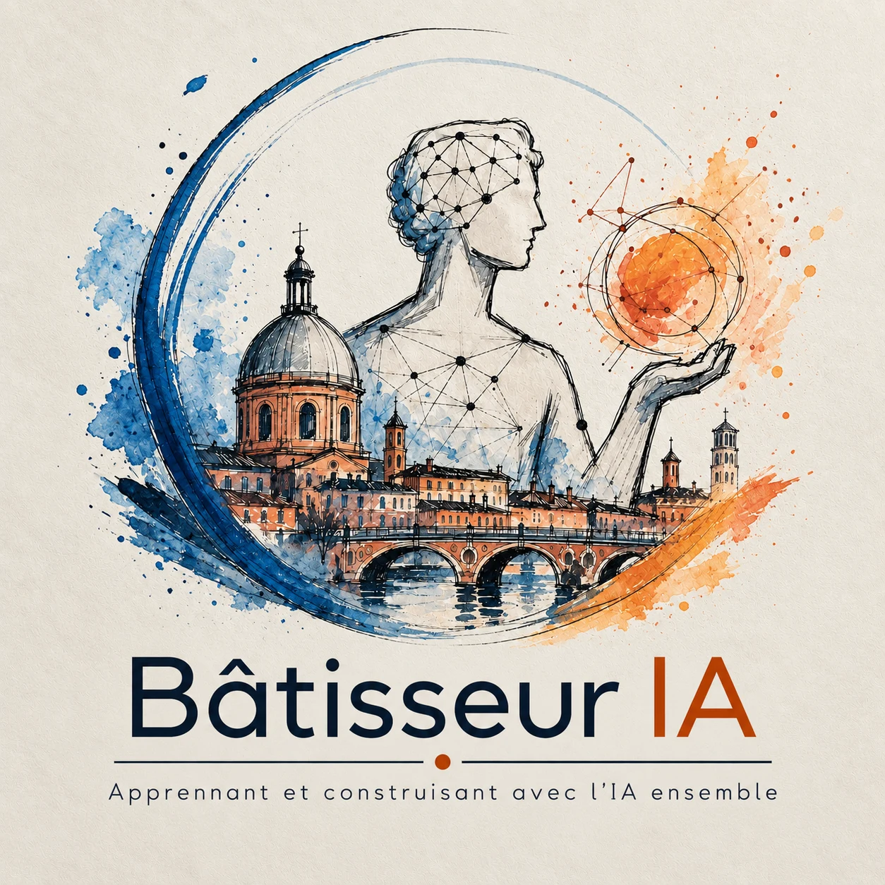 Identité complète de Bâtisseur IA avec son illustration toulousaine et sa signature