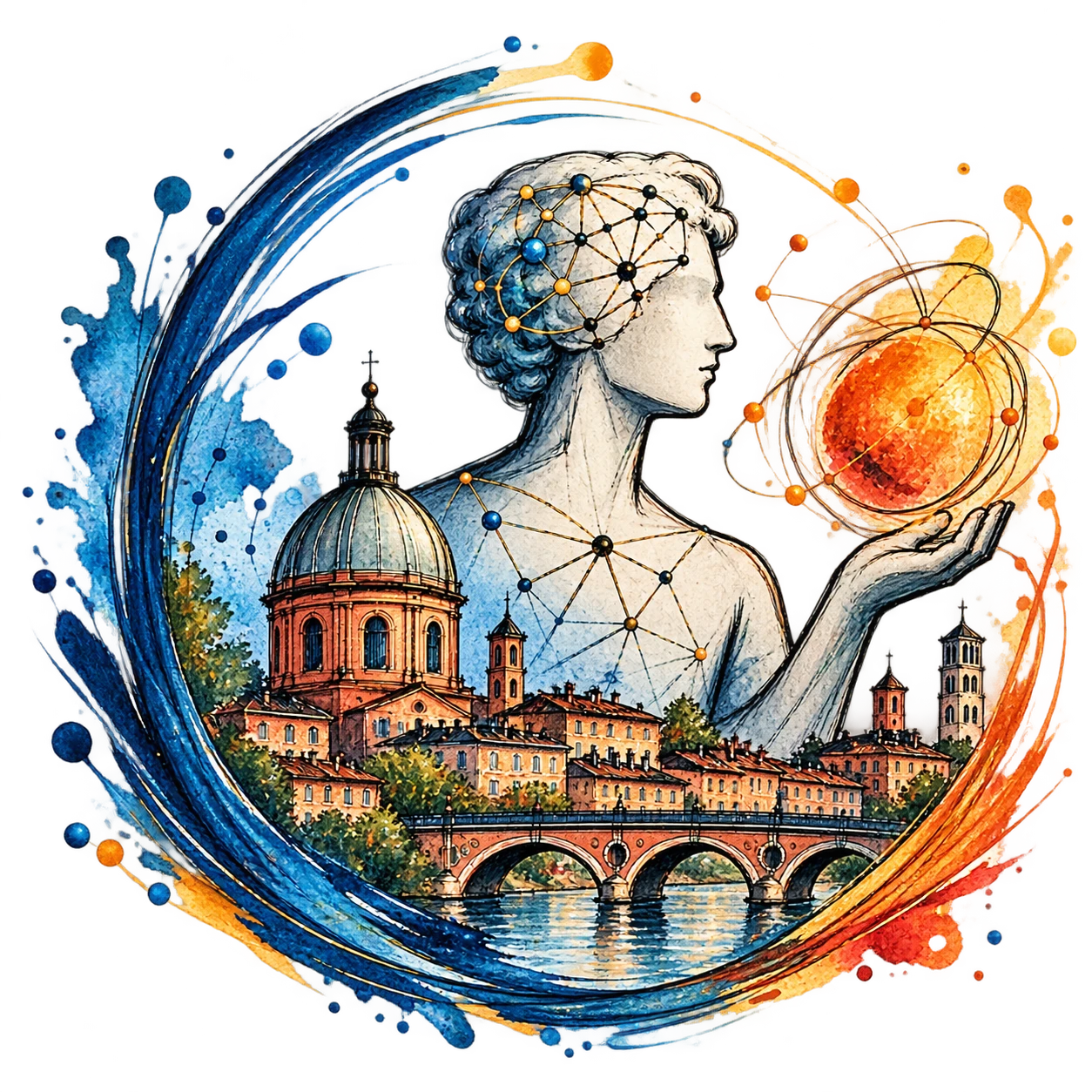Illustration Bâtisseur IA mêlant Toulouse, intelligence artificielle et construction collective